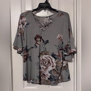 Floral V-Neck Ruffle Sleeve Top